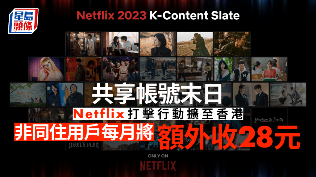 Netflix打擊共享帳號擴至香港，非同住用戶將額外收28元。資料圖片