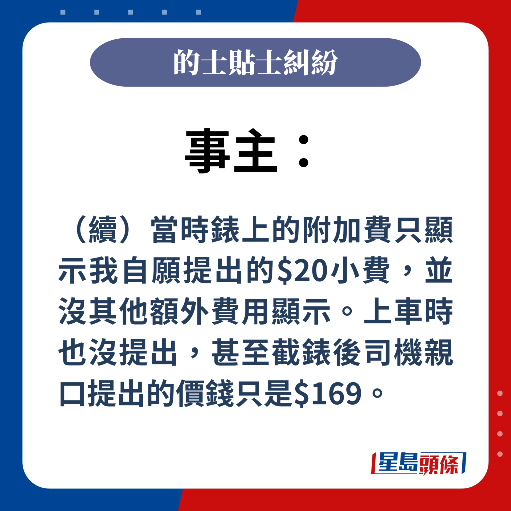 事主：（續）當時錶上的附加費只顯示我自願提出的$20小費，並沒其他額外費用顯示。上車時也沒提出，甚至截錶後司機親口提出的價錢只是$169。