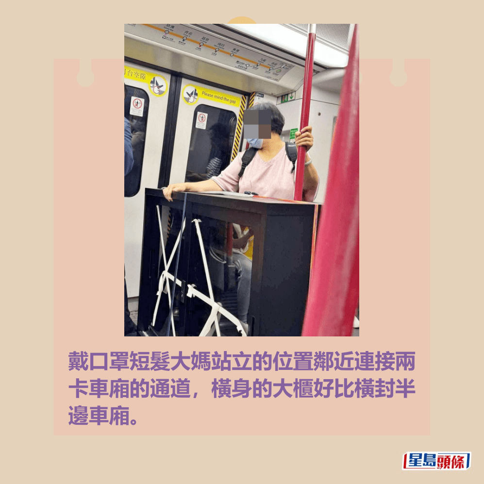 戴口罩短髮大媽站立的位置鄰近連接兩 卡車廂的通道,橫身的大櫃好比橫封半 邊車廂。網上截圖 戴口罩短髮大媽站立的位置鄰近連接兩 卡車廂的通道,橫身的大櫃好比橫封半 邊車廂。網上截圖