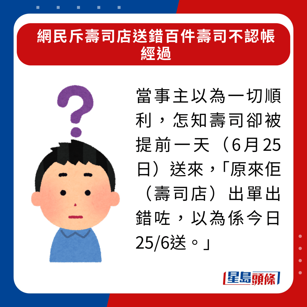 當事主以為一切順利，怎知壽司卻被提前一天（6月25日）送來，「原來佢（壽司店）出單出錯咗，以為係今日25/6送。」