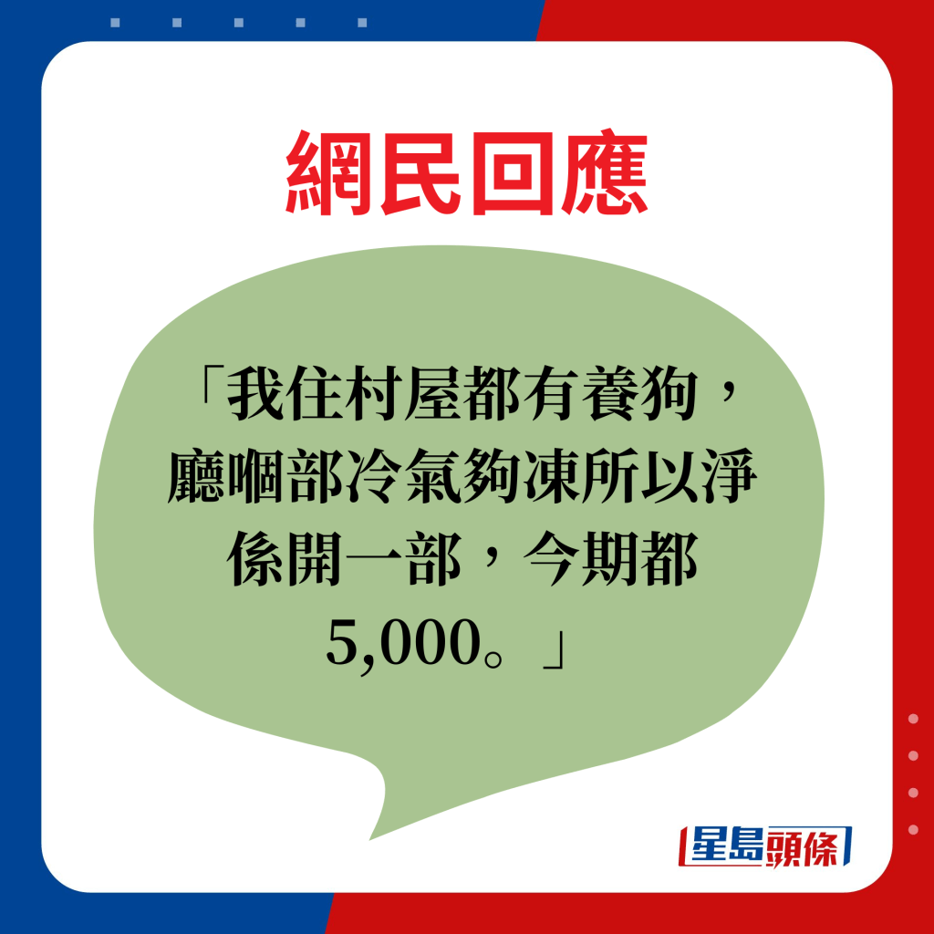 網民回應：我住村屋都有養狗，廳嗰部冷氣夠凍所以淨係開一部，今期都5000