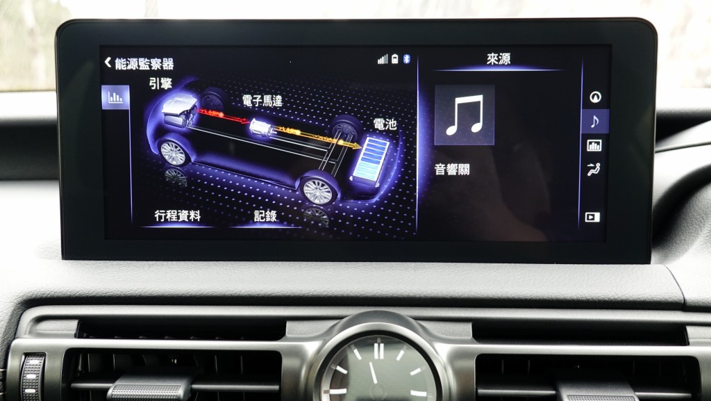 凌志LEXUS IS300h F Sport特別版香港試駕，中控觸屏可監控Hybrid油電混合動力系統。