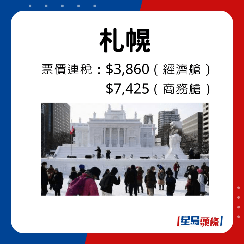 札幌票價由3,860港元起。