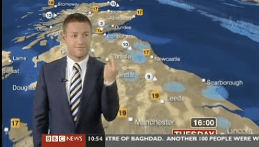 2010年，BBC天氣新聞主播托馬斯也曾鬧出「豎中指」事件。