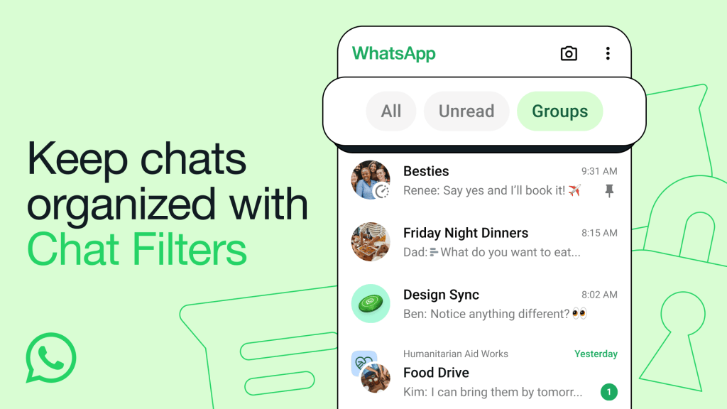 用戶若需要開始尋找訊息，可以在WhatsApp的對話列表上方，點選3個篩選條件，包括全部、未讀及群組，有助快速尋找訊息。（圖片來源：WhatsApp網站）