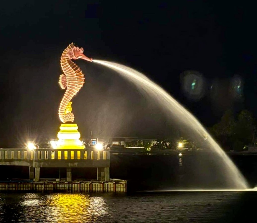 海馬雕像晚上有彩燈襯托。 貢布旅遊局fb