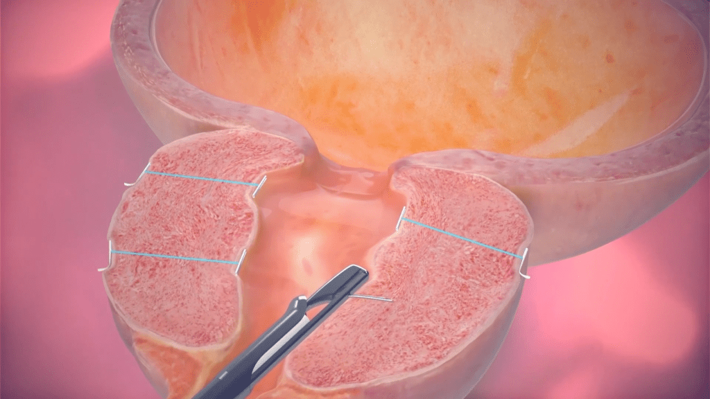 手术将增生的前列腺组织拉开并固定。