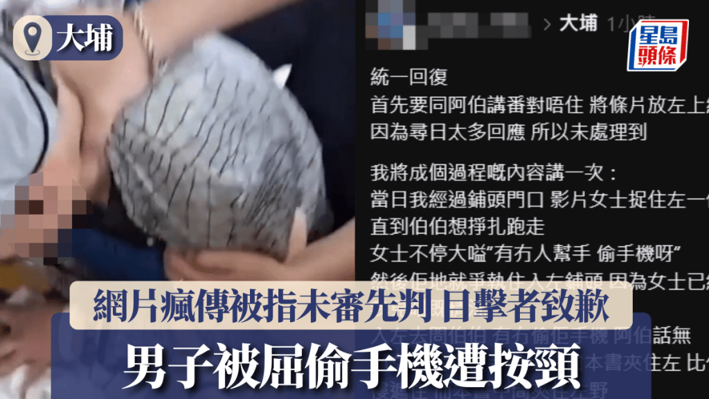 大埔男被屈偷手機遭按頸 片段廣傳網民怒轟未審先判 目擊者致歉