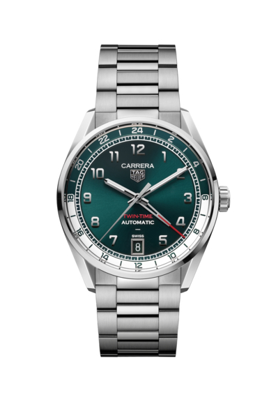 Tag Heuer Carrera Date Twin-Time,錶殼:41mm不鏽鋼 / 機芯:TH31-03自動 / 售價:$39,100。 Tag Heuer Carrera Date Twin-Time,錶殼:41mm不鏽鋼 / 機芯:TH31-03自動 / 售價:$39,100。