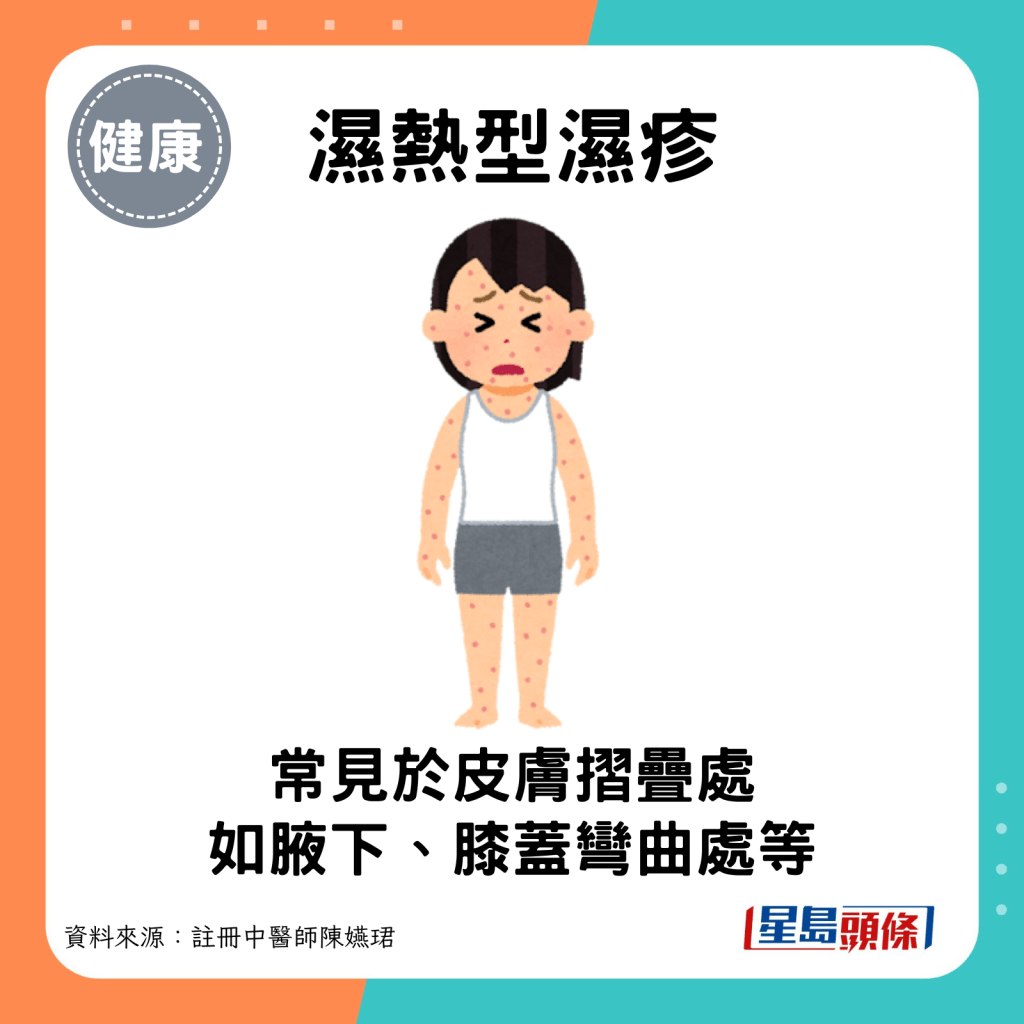 湿热型湿疹：常见于皮肤摺叠处，如腋下、膝盖弯曲处等。