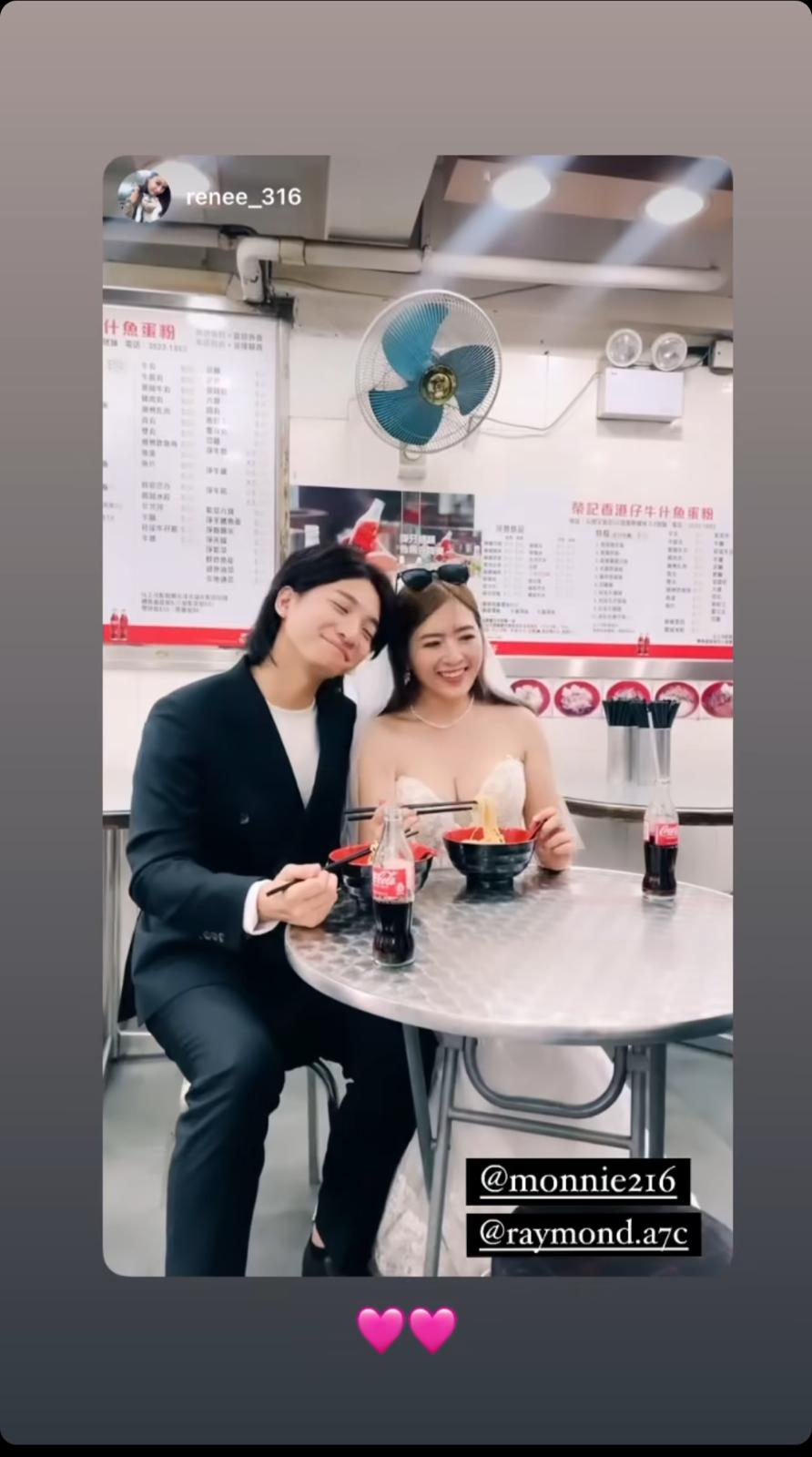 李亦喬昨日（4日）於IG Story首度公開婚照拍攝花絮片，可見特別於家族粉麵店取景。