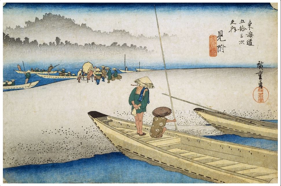 日本浮世绘｜歌川广重大叔图谱：《东海道五拾三次之内　见附　天竜川船渡し》