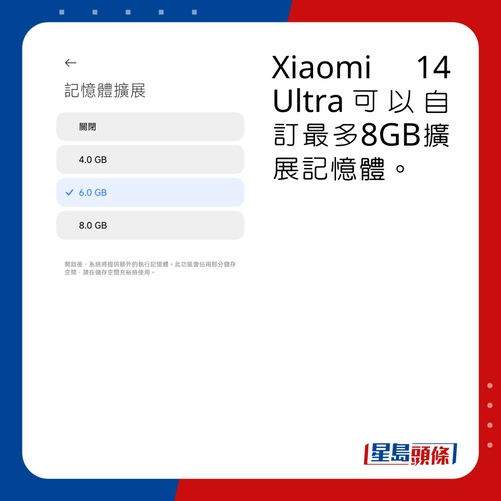 Xiaomi 14 Ultra可以自订最多8GB扩展记忆体。