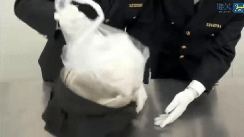 关员在女子背包内一个白色大胶袋中，发现了10个独立的白色布袋。