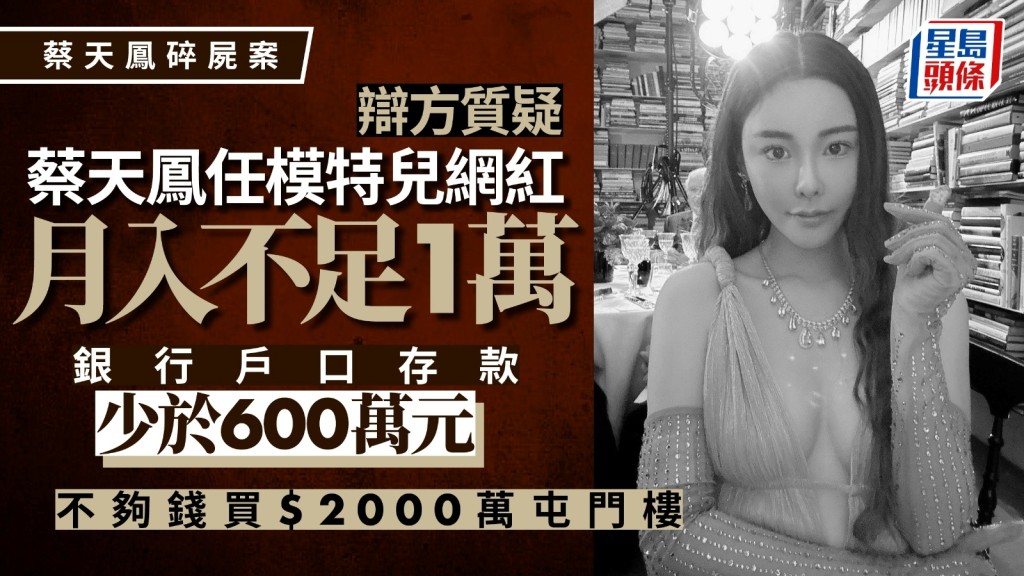 辩方指蔡天凤任模特儿与网红收入1万存款少于600万元，不够买2千万屯门楼。