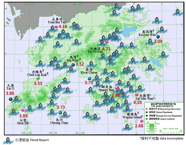  2018年9月16日香港各潮汐站录得的最高潮位(单位为米，海图基准面以上)及水浸报告。天文台