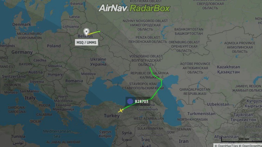 傳盧卡申科坐飛機從白俄羅斯起飛目前位於土耳其上空。twitter