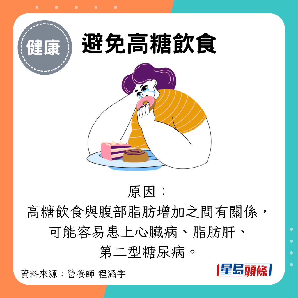 避免高糖饮食：原因： 高糖饮食与腹部脂肪增加之间有关系， 可能容易患上心脏病、脂肪肝、 第二型糖尿病。