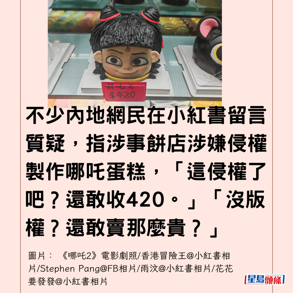  不少內地網民在小紅書留言質疑，指涉事餅店涉嫌侵權製作哪吒蛋糕，「這侵權了吧？還敢收420。」「沒版權？還敢賣那麼貴？」