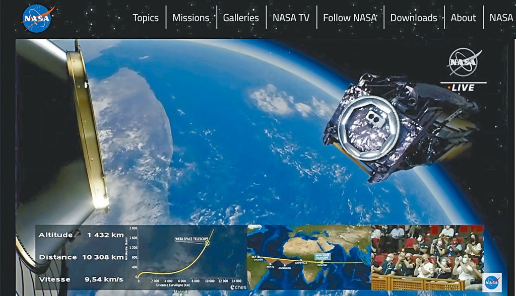 ■韦伯太空望远镜周六升空飞行约二十七分钟后，与火箭分离。