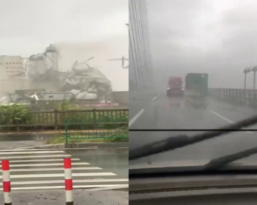 颱風米克拉登陸福建造成破壞,刮倒廠房貨櫃被吹落。(網圖)