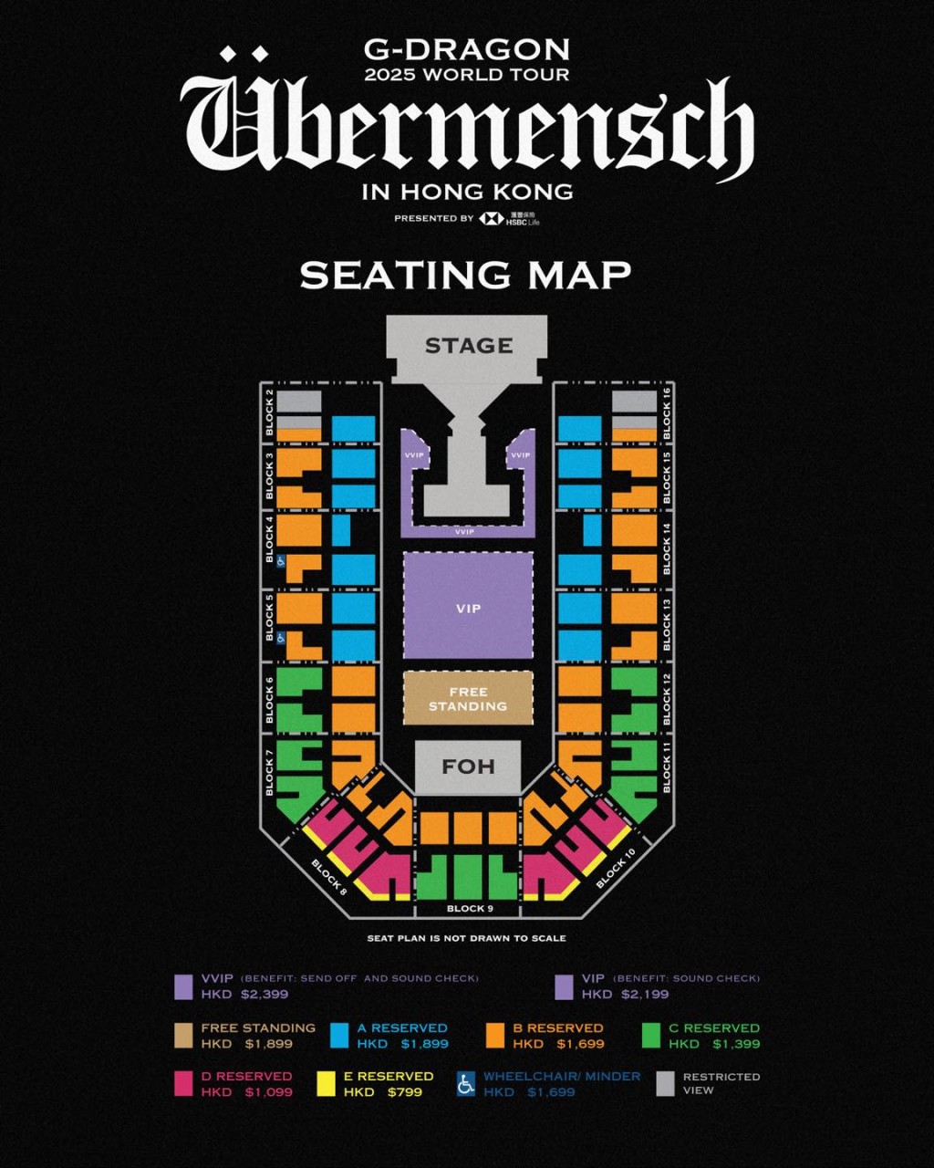 GD的《G-DRAGON 2025 WORLD TOUR [Übermensch] IN HONG KONG》座位表及票價。