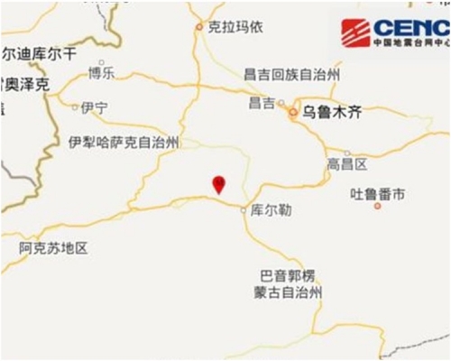 新疆庫爾勒市4.2級地震。圖：中國地震台網