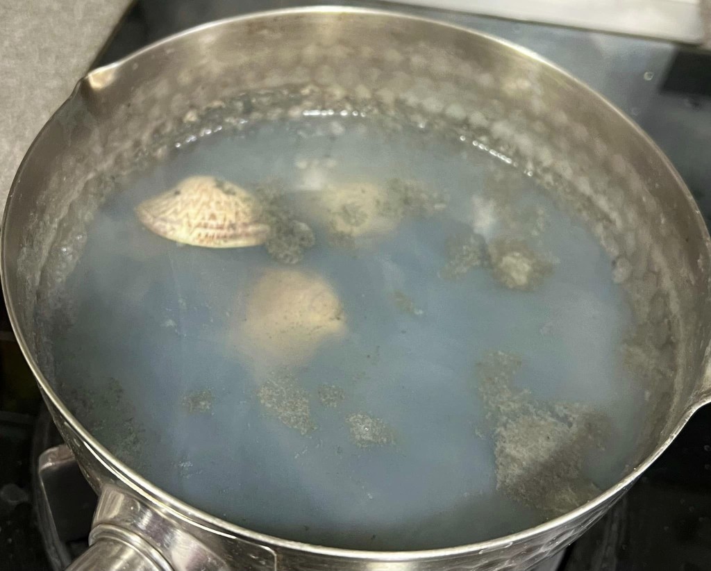 一名將軍澳街坊於街市買海蜆，清洗3次後竟煮出藍色泥水。FB圖片