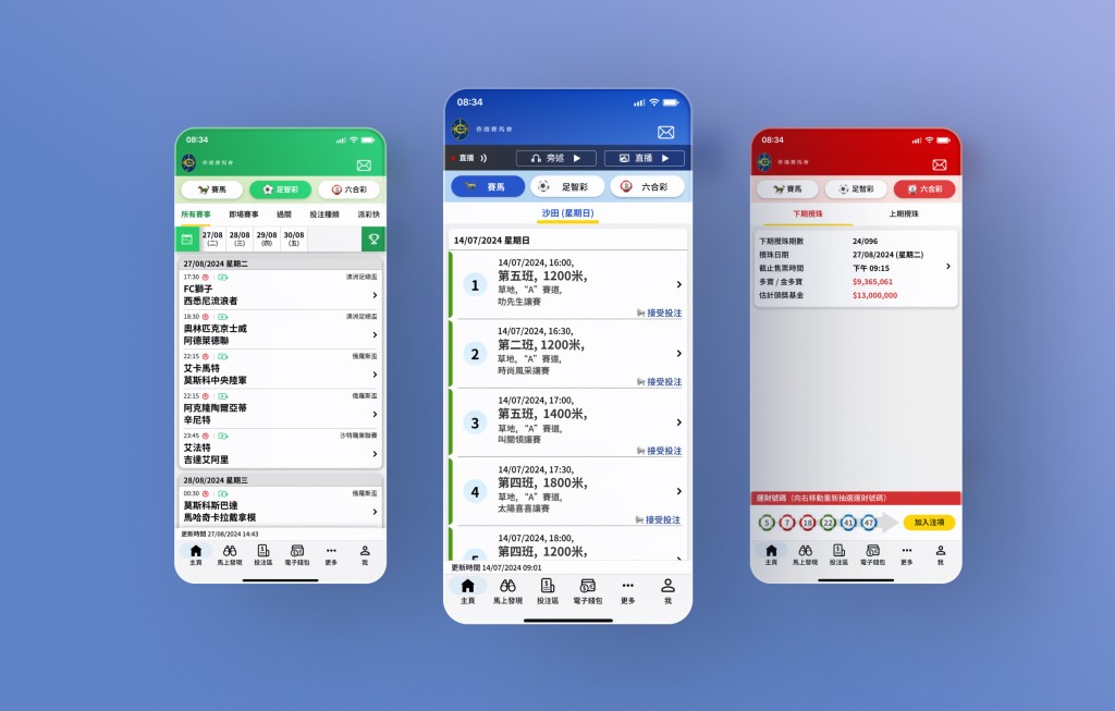 全新設計的「馬會投注三合一」（賽馬、足智彩及六合彩頁面）