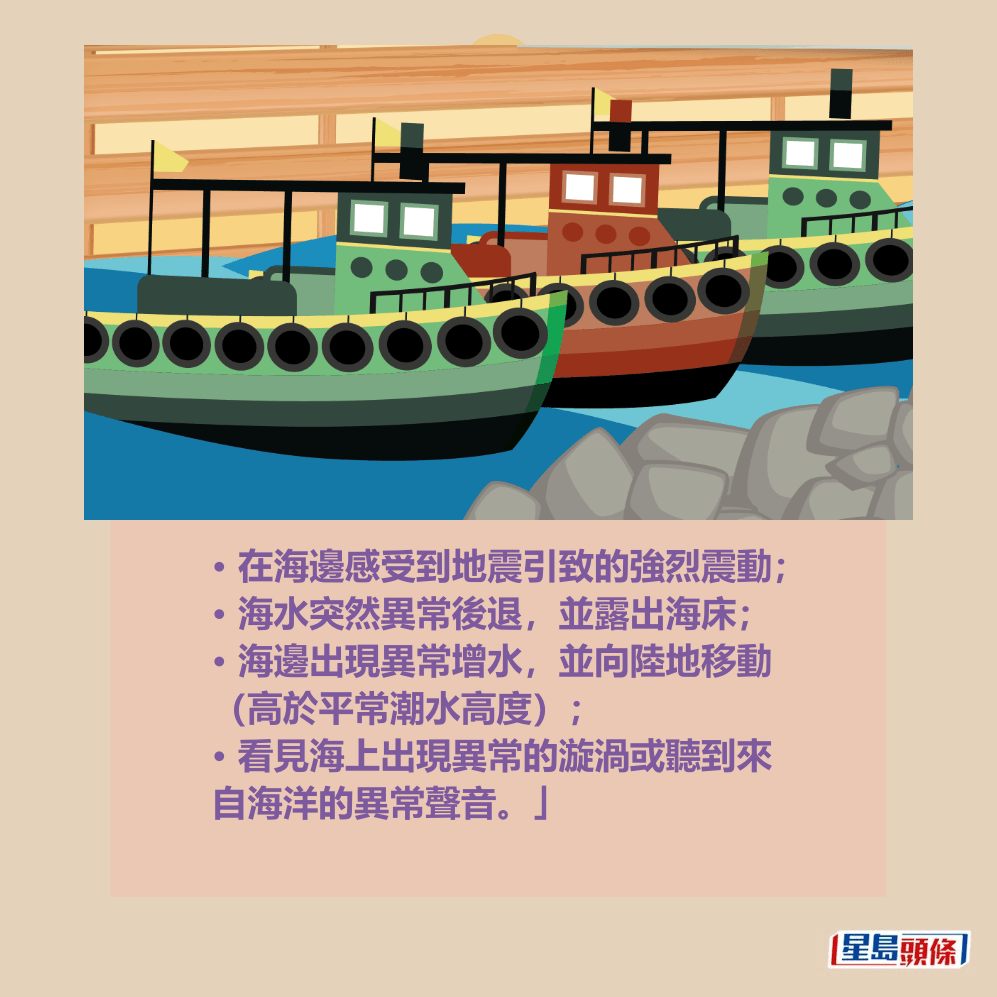 • 在海邊感受到地震引致的強烈震動； • 海水突然異常後退，並露出海床； • 海邊出現異常增水，並向陸地移動 （高於平常潮水高度）； • 看見海上出現異常的漩渦或聽到來 自海洋的異常聲音。」香港天文台網頁截圖