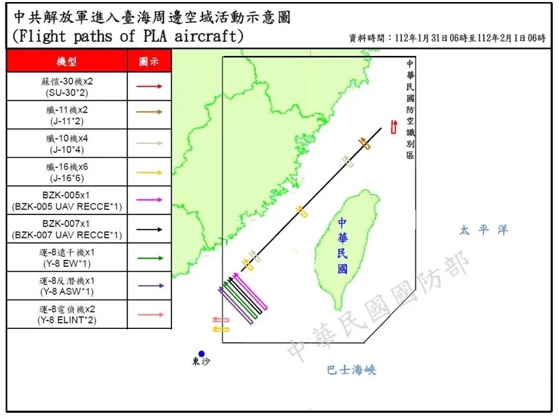 台灣軍方公布大陸戰機動向圖。