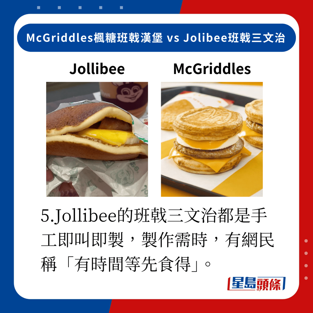 5.Jollibee的班戟三文治都是手工即叫即制，制作需时，有网民称「有时间等先食得」。