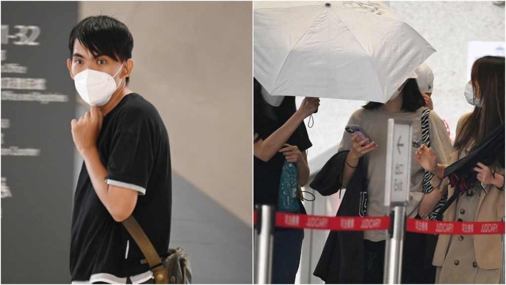 被告朱德成(左)；有被告步出時有人用雨傘遮掩。