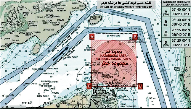 伊朗發布的霍峽航路圖中有一大圓圈標示「危險區域」，也有箭嘴顯示替代航線。