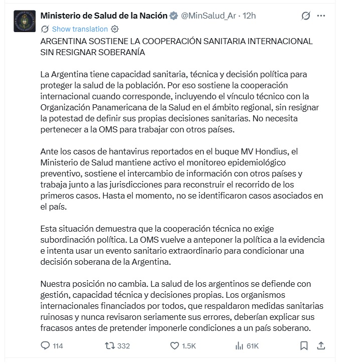 5月7日，阿根廷卫生部拒绝重入世卫之声明。Ministerio de Salud de la Nación@X