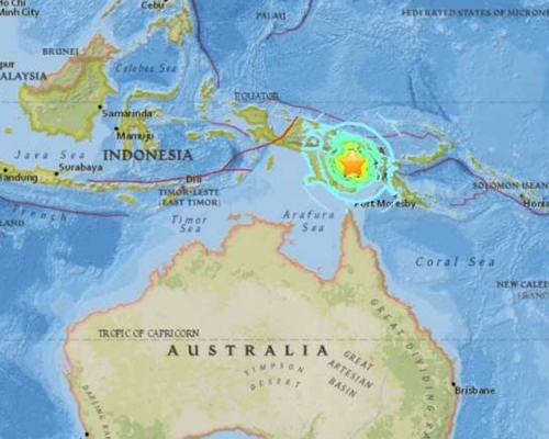 根據美國地質調查所觀測顯示，巴布亞新幾內亞的南高地省今晨發生規模7.5地震。(網圖)