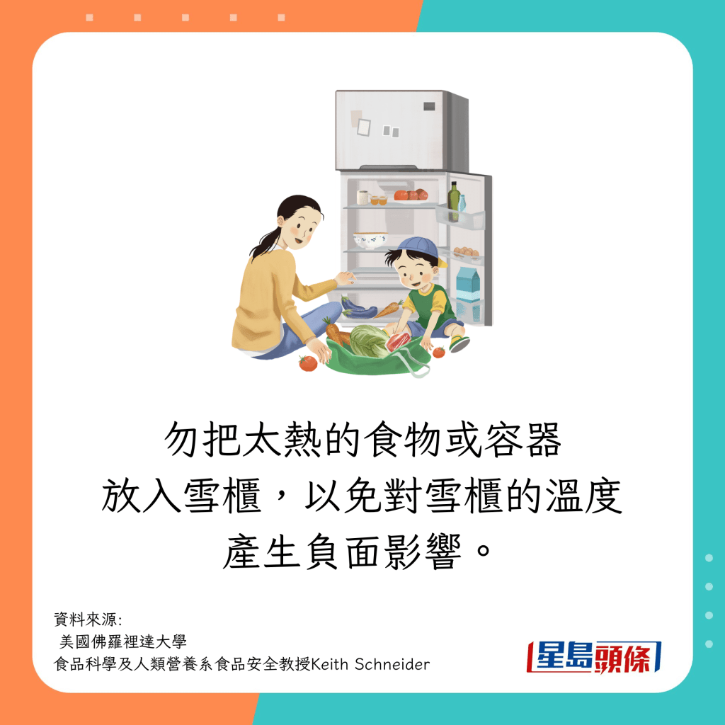 勿把太热的食物或容器放入雪柜，以免对雪柜的温度产生负面影响。