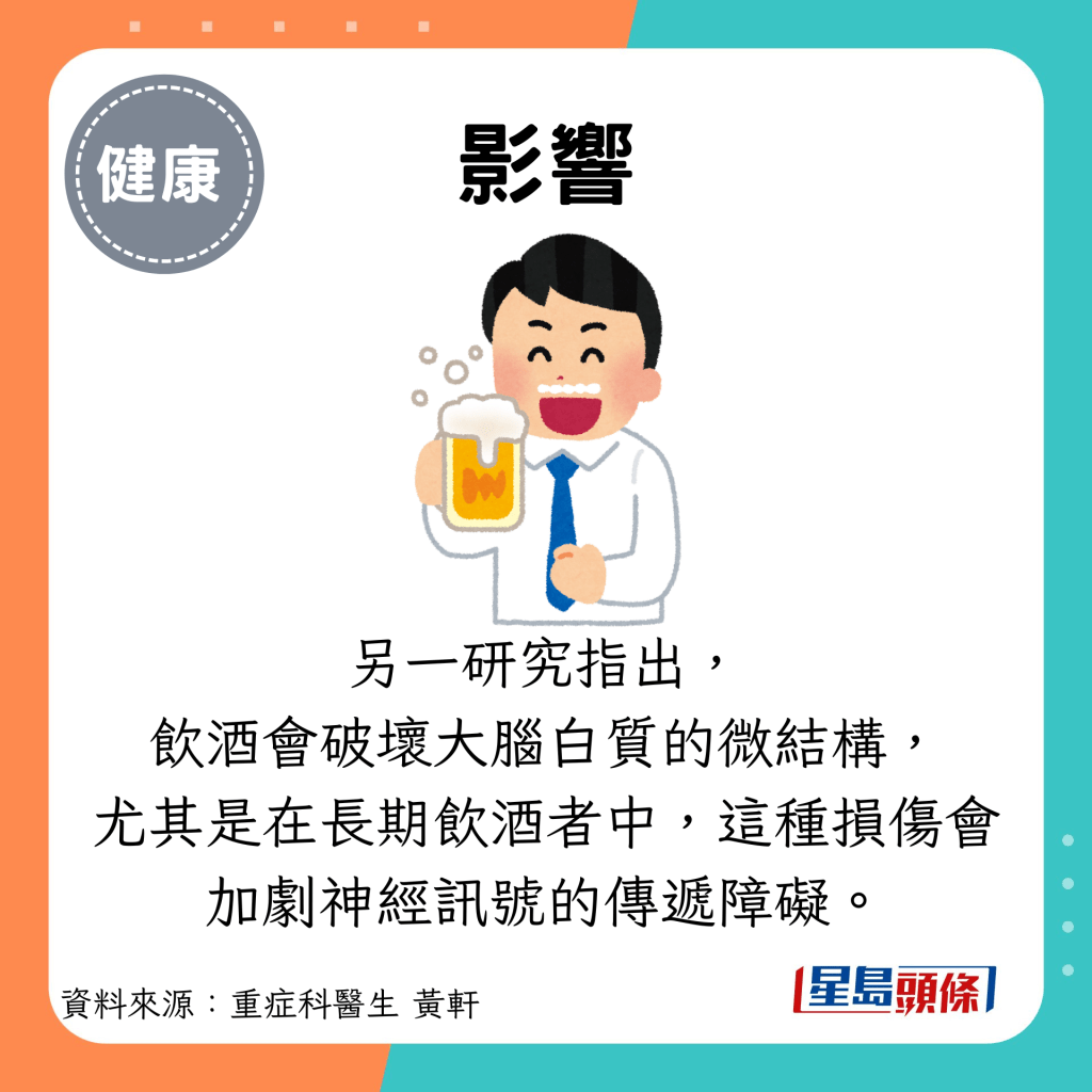 影響：另一研究指出， 飲酒會破壞大腦白質的微結構， 尤其是在長期飲酒者中，這種損傷會加劇神經訊號的傳遞障礙。