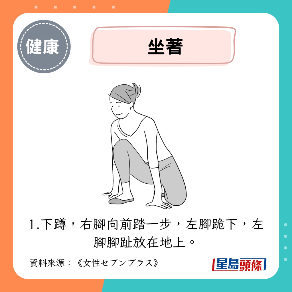 坐著:下蹲,右腳向前踏一步,左腳跪下,左腳腳趾放在地上。 坐著:下蹲,右腳向前踏一步,左腳跪下,左腳腳趾放在地上。