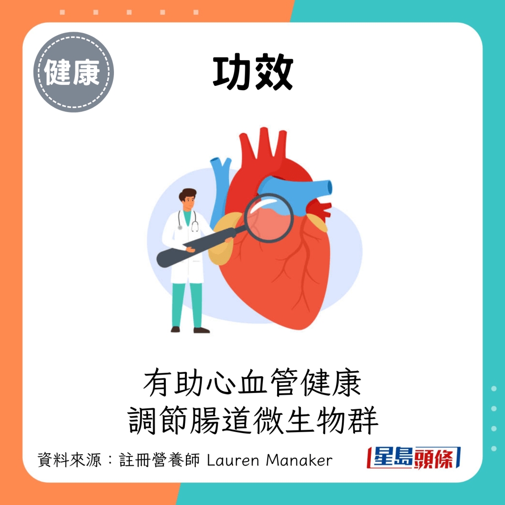 功效：有助心血管健康、調節腸道微生物群。