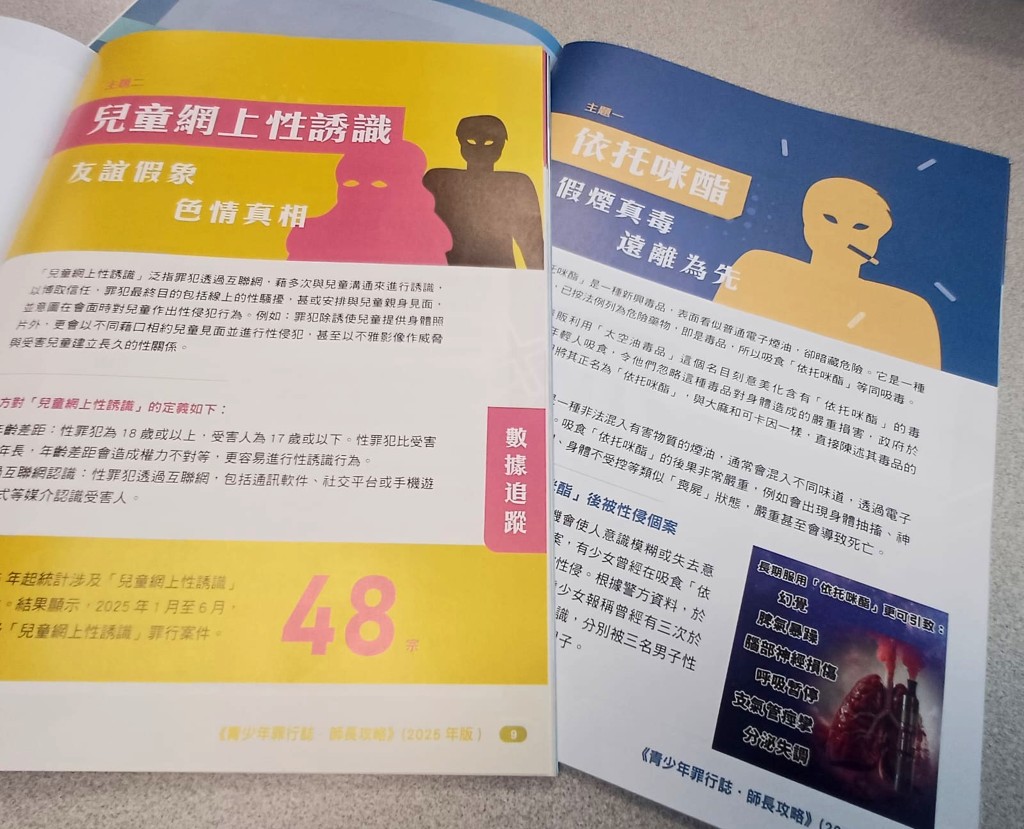 《青少年罪行誌•師長攻略》(2025年版)涵蓋「依托咪酯」及「兒童網上性誘識」等五個主題。 《青少年罪行誌•師長攻略》(2025年版)涵蓋「依托咪酯」及「兒童網上性誘識」等五個主題。