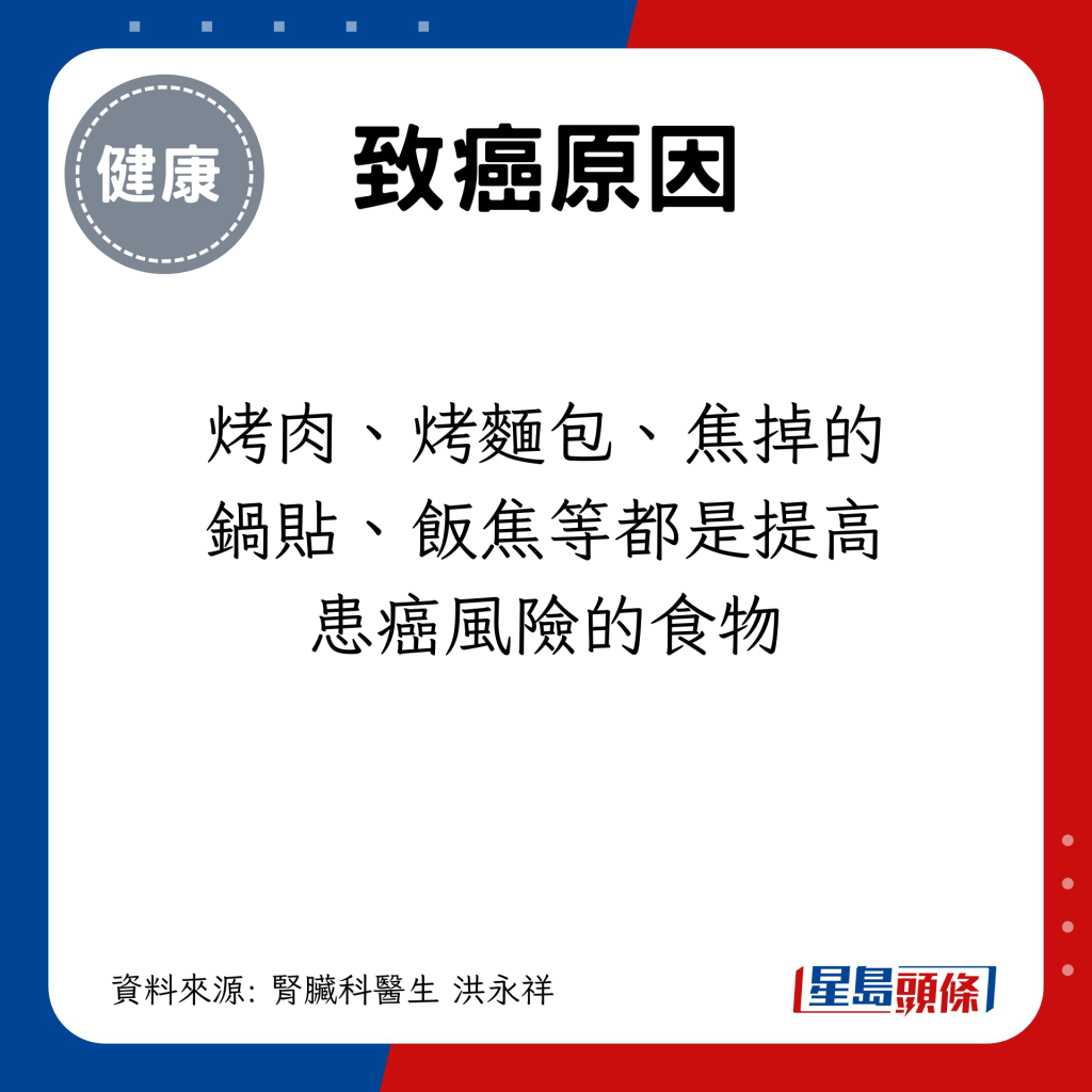 烤肉、烤麵包、焦掉的鍋貼、飯焦等都是提高患癌風險的食物