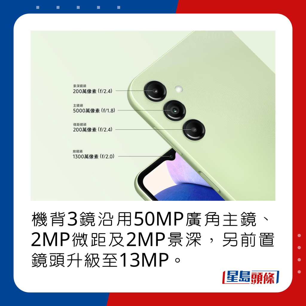 機背三鏡沿用50MP廣角主鏡、2MP微距及2MP景深，另前置鏡頭升級至13MP。