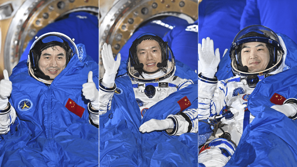左起:神舟十八號太空人葉光富、李聰、李廣蘇。(新華社)