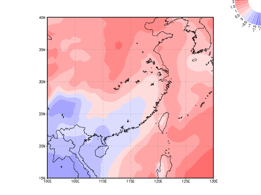 紅色為正距平，表示氣溫比正常高；藍色為負距平，表示氣溫比正常低。天文台全球-區域氣候模式(G-RCM)