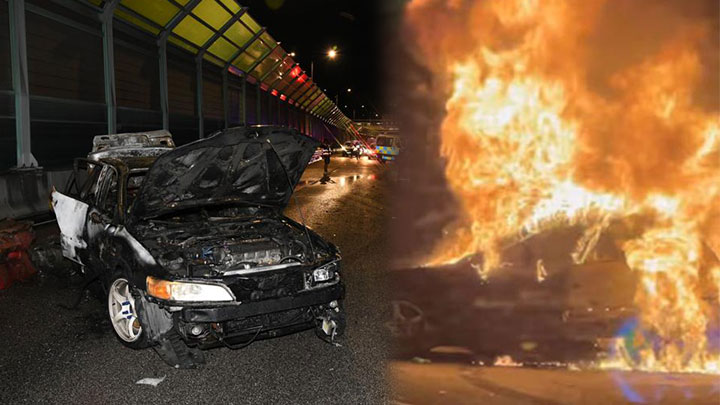 粉嶺公路前晚發生交通意外，其中一輛私家車失控，撞向水馬着火焚燒。資料圖片