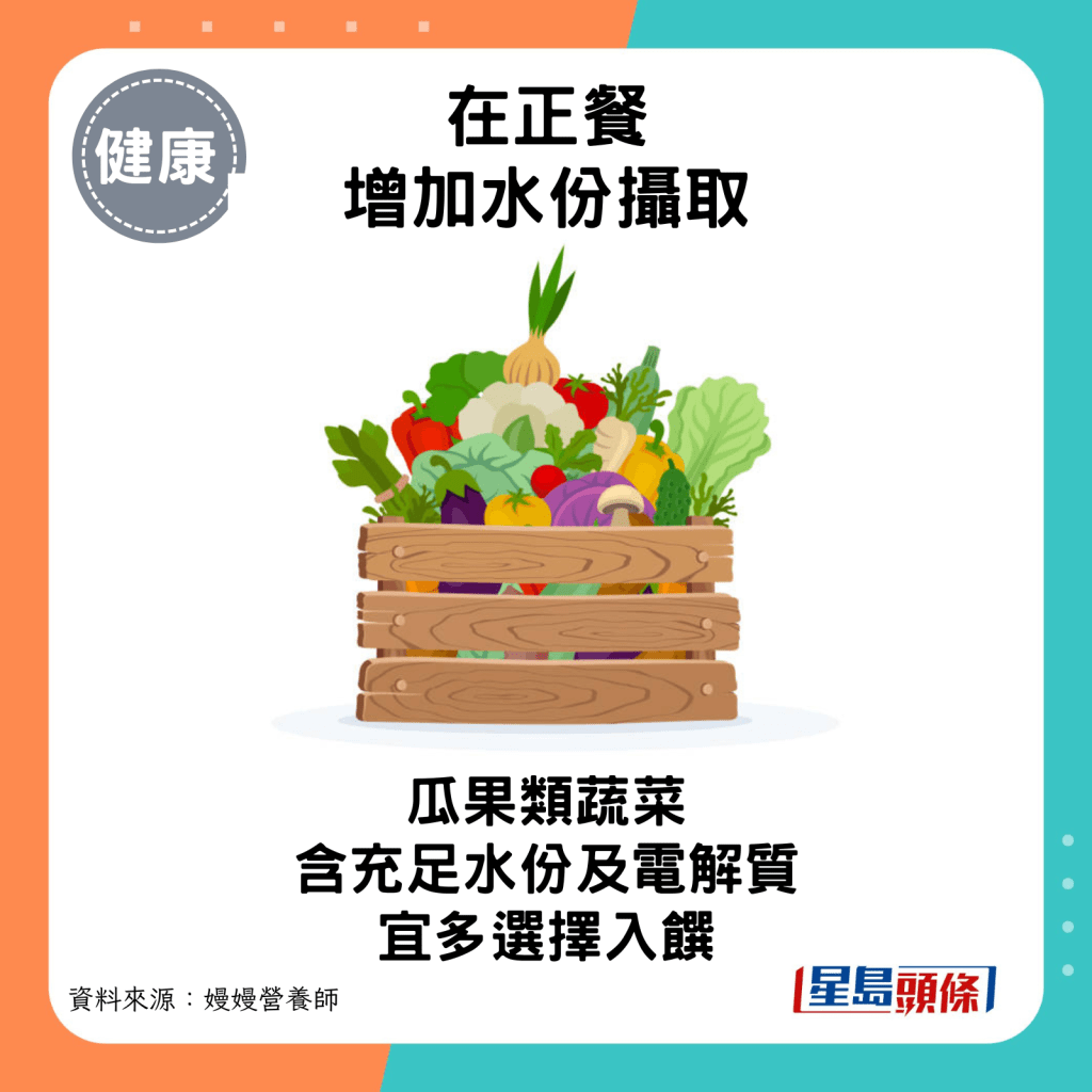 从正餐中增加水份摄取：瓜果类蔬菜含充足水份及电解质，宜多选择入馔。