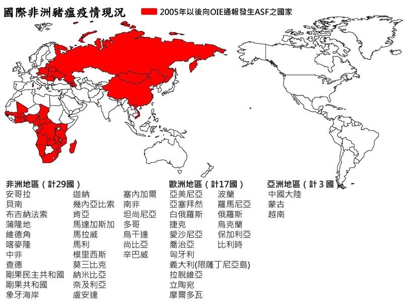 非洲豬瘟全球疫情圖示。網圖