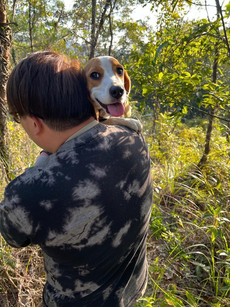 狗主Jason在大欖一處草叢尋回比高狗女一刻，激動得一抱入懷。(香港動物報圖片)