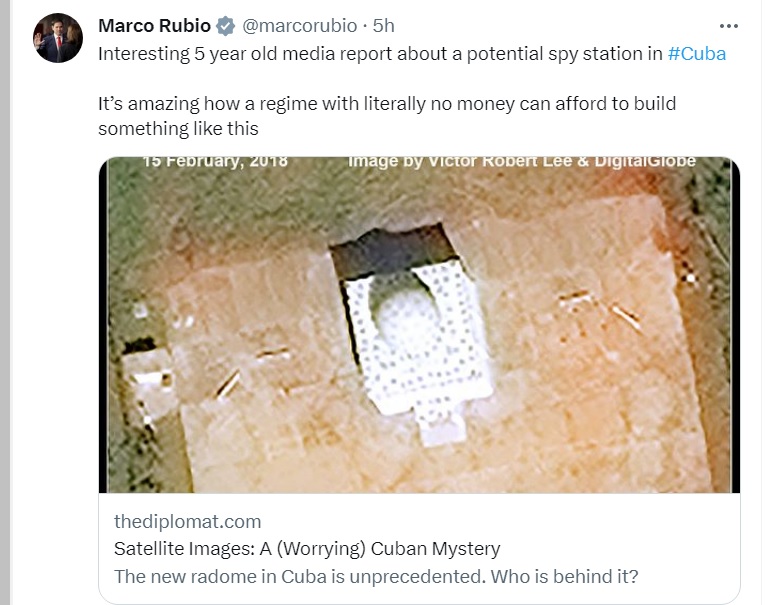 2018年衛星圖像顯示，古巴貝胡卡爾附近的訊號情報基地新蓋了天線罩。   Marco Rubio Twitter